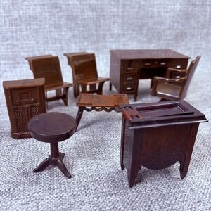 Vintage Renwal Plastic Dollhouse Furniture Set Marbled Brown 8pc Office School